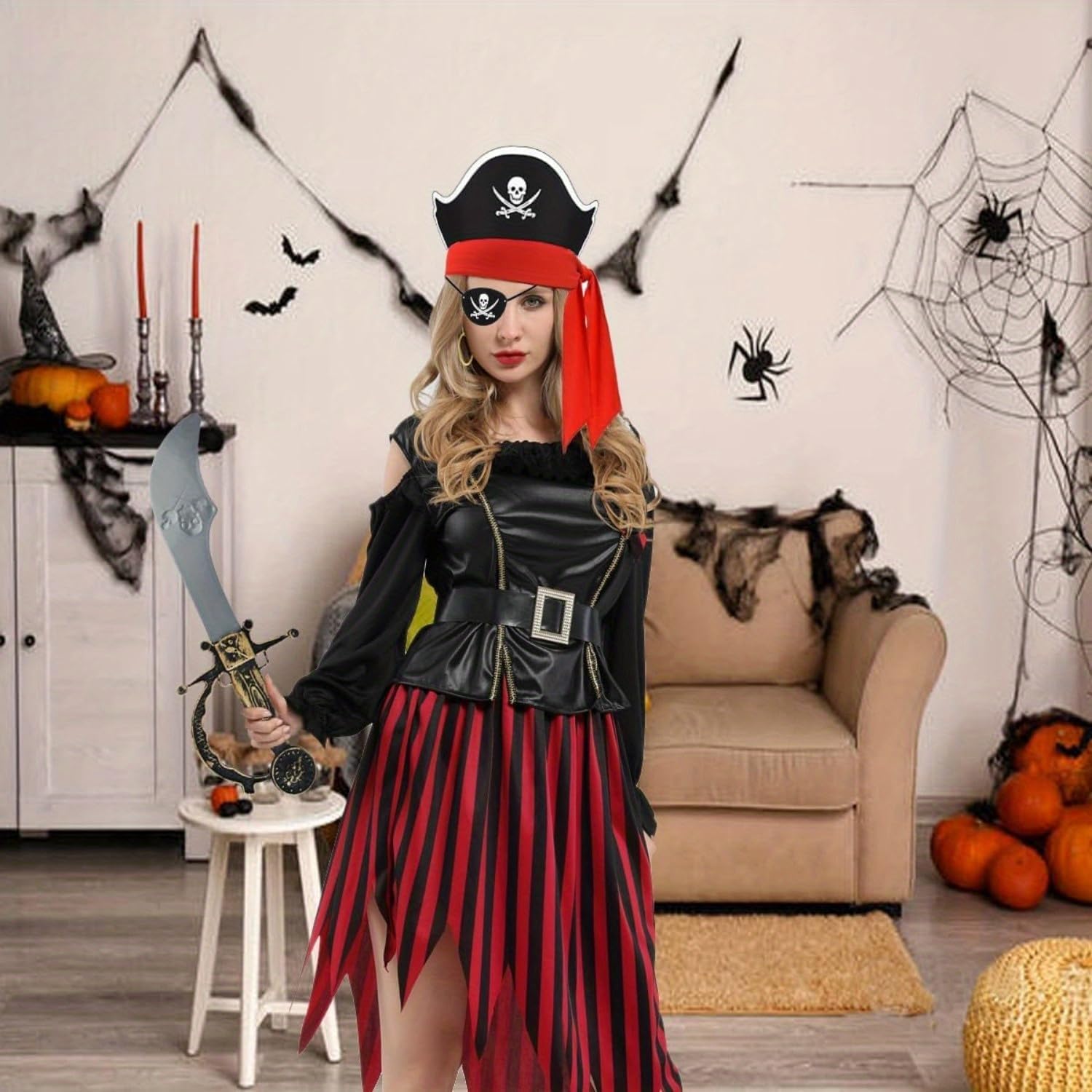 6 Pcs Pirate Accessories Kit for Men with Hat, Bandana & Pirate Eye Patch Captain Hook for Adult Halloween Party Supplies - Image 5