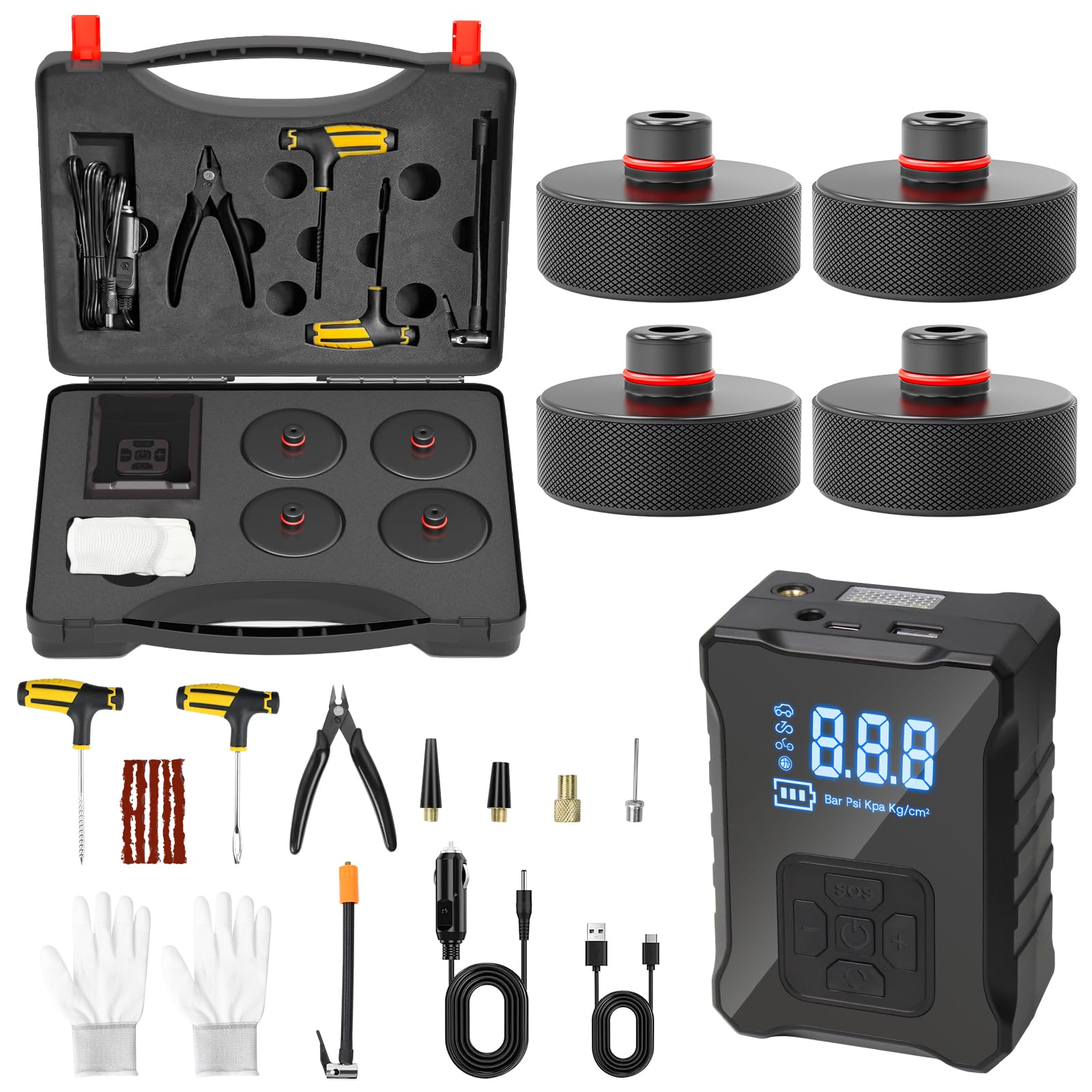 Universal Tire Repair Kits for Tesla Model 3/Y/X/S Accessories, Built-in Wireless Tire Air Pump Set and 4 PCS Jack Pads for Model Y Juniper/Model 3 Highland [Not Fit Austin Built Model Y]