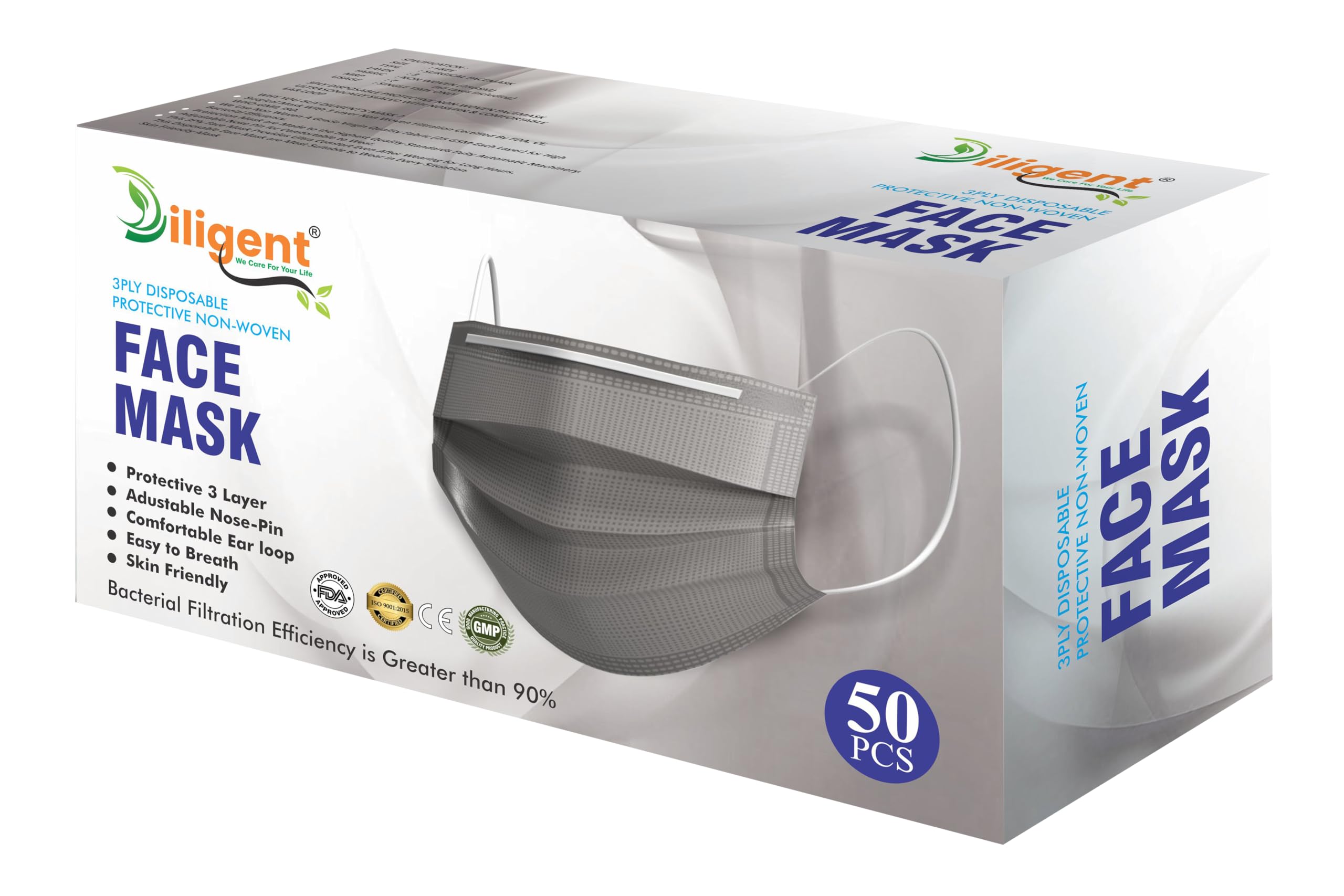 Diligent- We Care For your Life® Disposable 3 Layer Protective Face Mask for Adults | Non-Woven Surgical Style Mask with Soft Ear Loops & Adjustable Nose Strip | Comfortable | Pack of 50-Grey