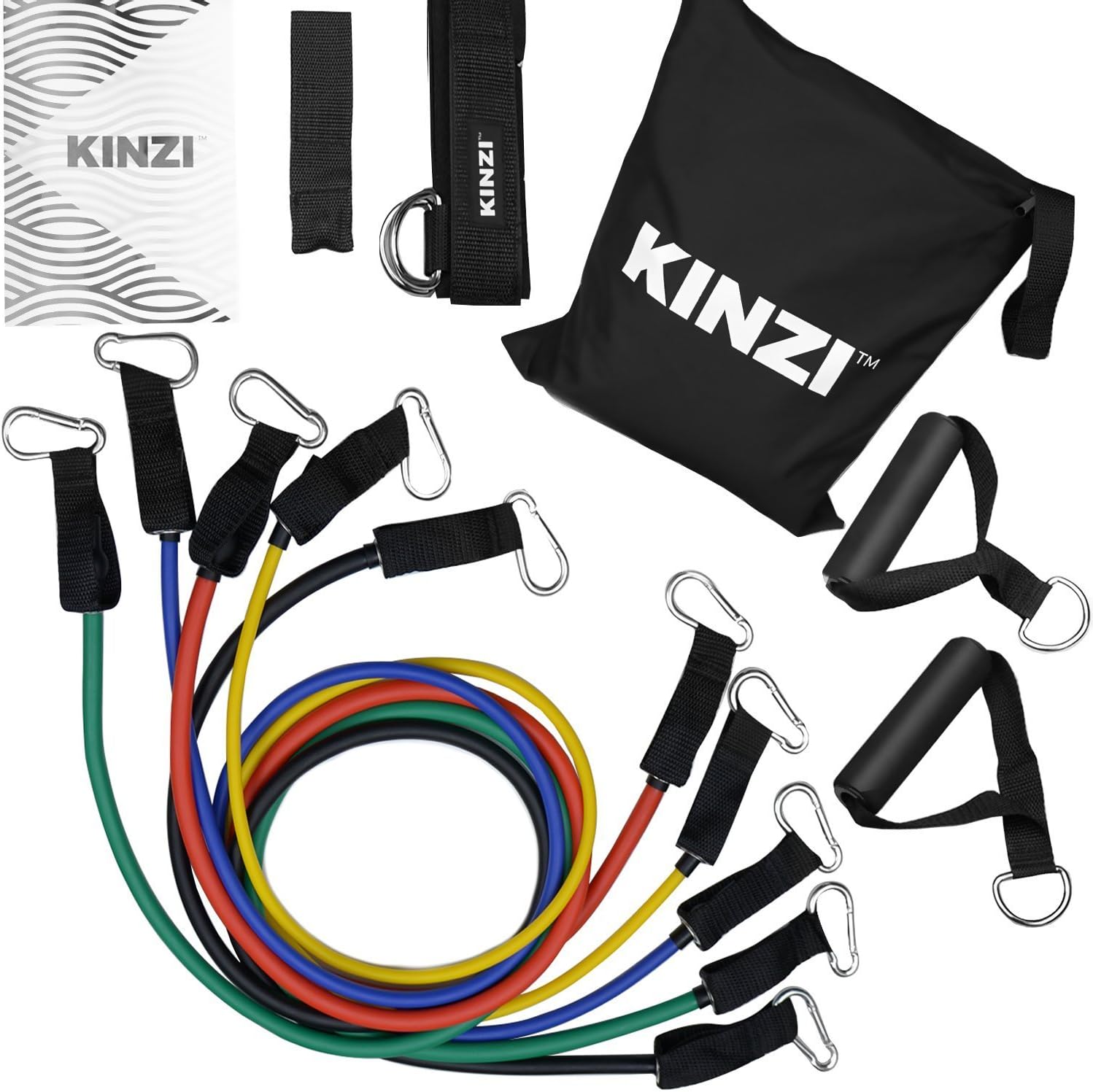 Kinzi Resistance Band Set with Door Anchor, Ankle Strap, Exercise Chart, and Resistance Band Carrying Case