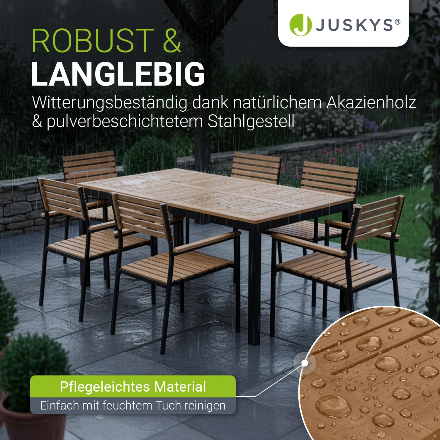 Juskys® Akazienholz Gartengarnitur Rhodos | Tisch, 6 Stühle & Sitzkissen | Holz Gartenmöbel Set 7-teilig | Sitzgruppe mit Stahlgestell für Garten, Terrasse oder Balkon | Natur & Schwarz