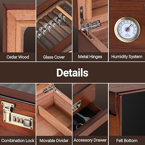 Miniatura 2 de Scotte Humidor de puros, caja de humidor de cigarros de madera de cedro con cajón de accesorios de higrómetro, parte superior de vidrio y cerradura