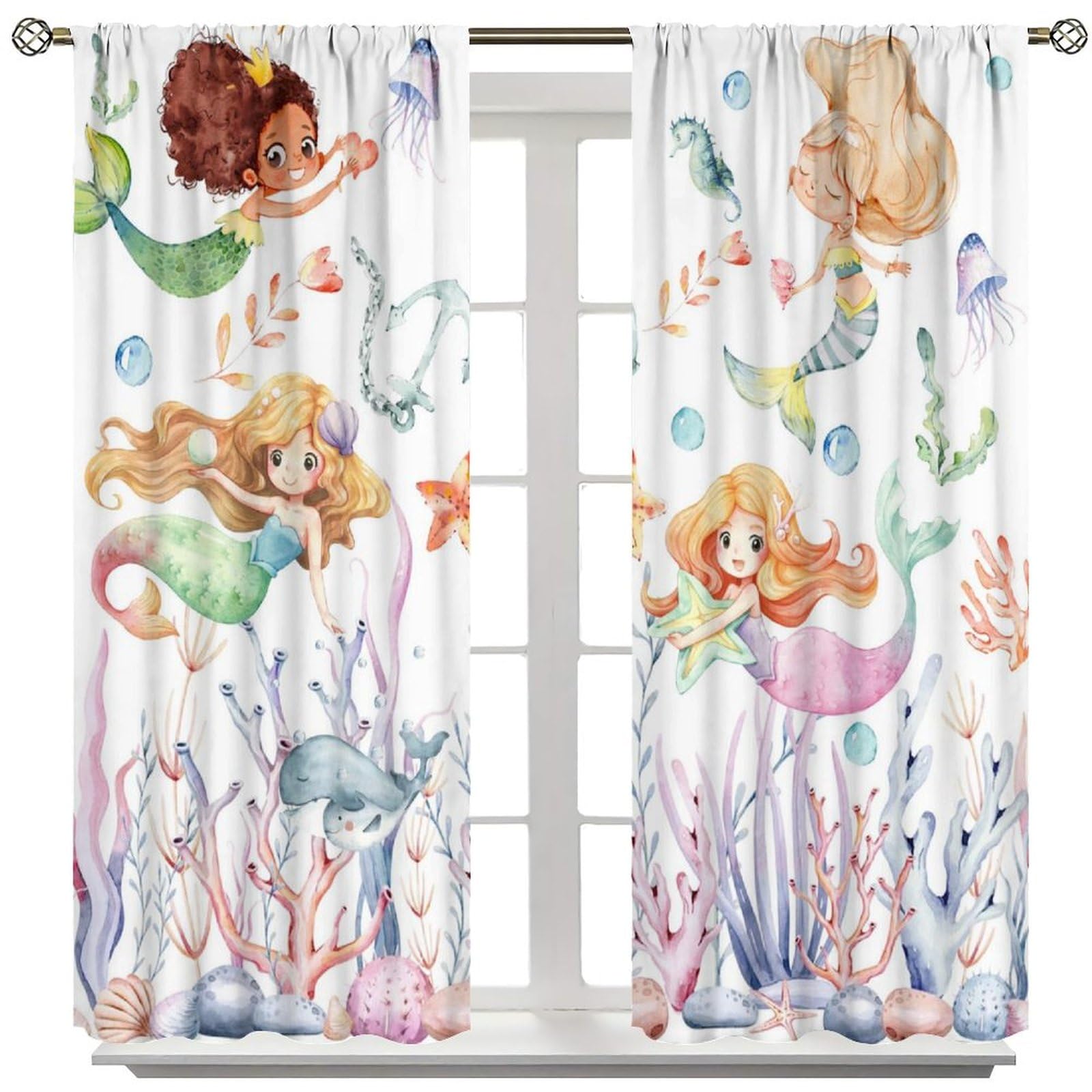 Cartoon Mermaid Curtains, Ocean Mermaid Underwater Sea Animals Blackout Window Treatments, Rod Pocket Thermal Insulated Drapes 2 Panel Sets for Kids Girls Bedroom Nursery Classroom, 42