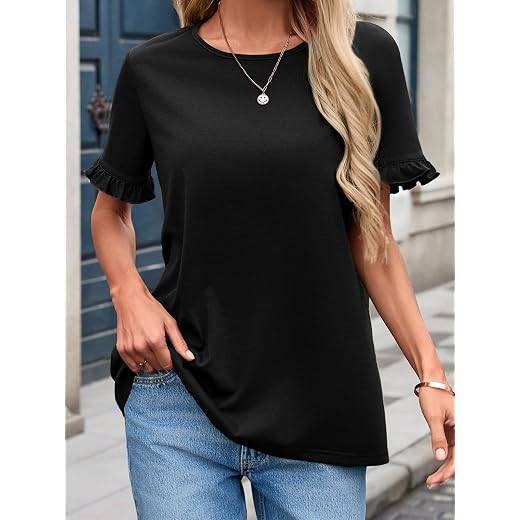 Camisetas femininas casuais com babados, manga curta, gola redonda, túnica de verão, linda blusa de ajuste solto