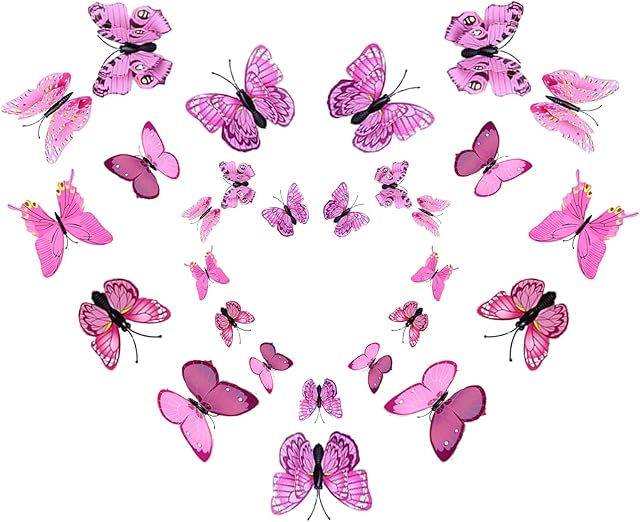 24pcs 3D Butterfly Wall Stickers Butterfly Decoration for Bedroom Party Cake Decors for Girls & Boys (Pink)