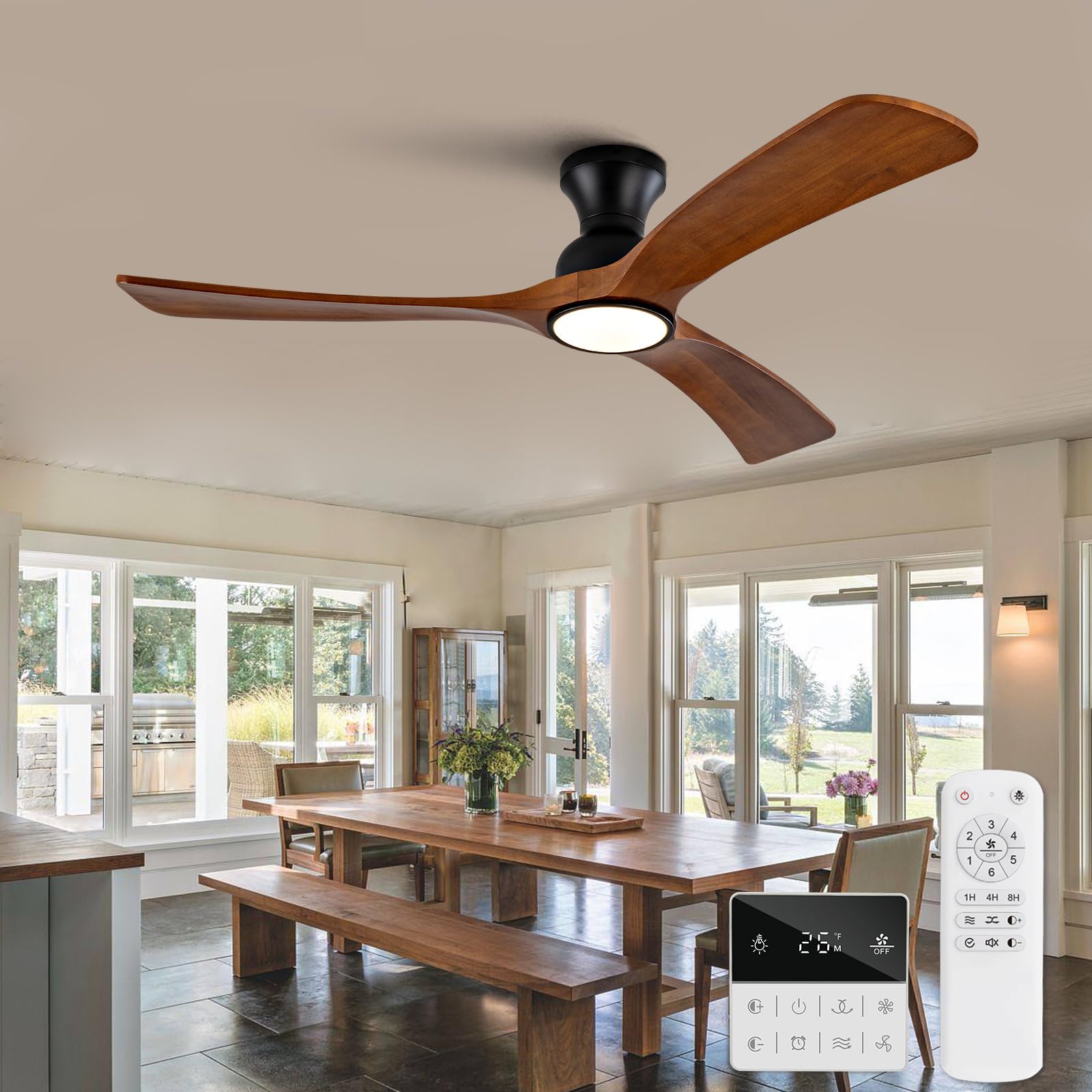 Photo 1 of OMYU 52 inch Flush Mount Ceiling Fans with Lights,Remote Control,Wall Switch,Solid Wood Blades,Dimmable,Reversible,Noiseless,Power off Memory Low Profile Ceiling Fan for BedRoom Patio Indoor/Outdoor