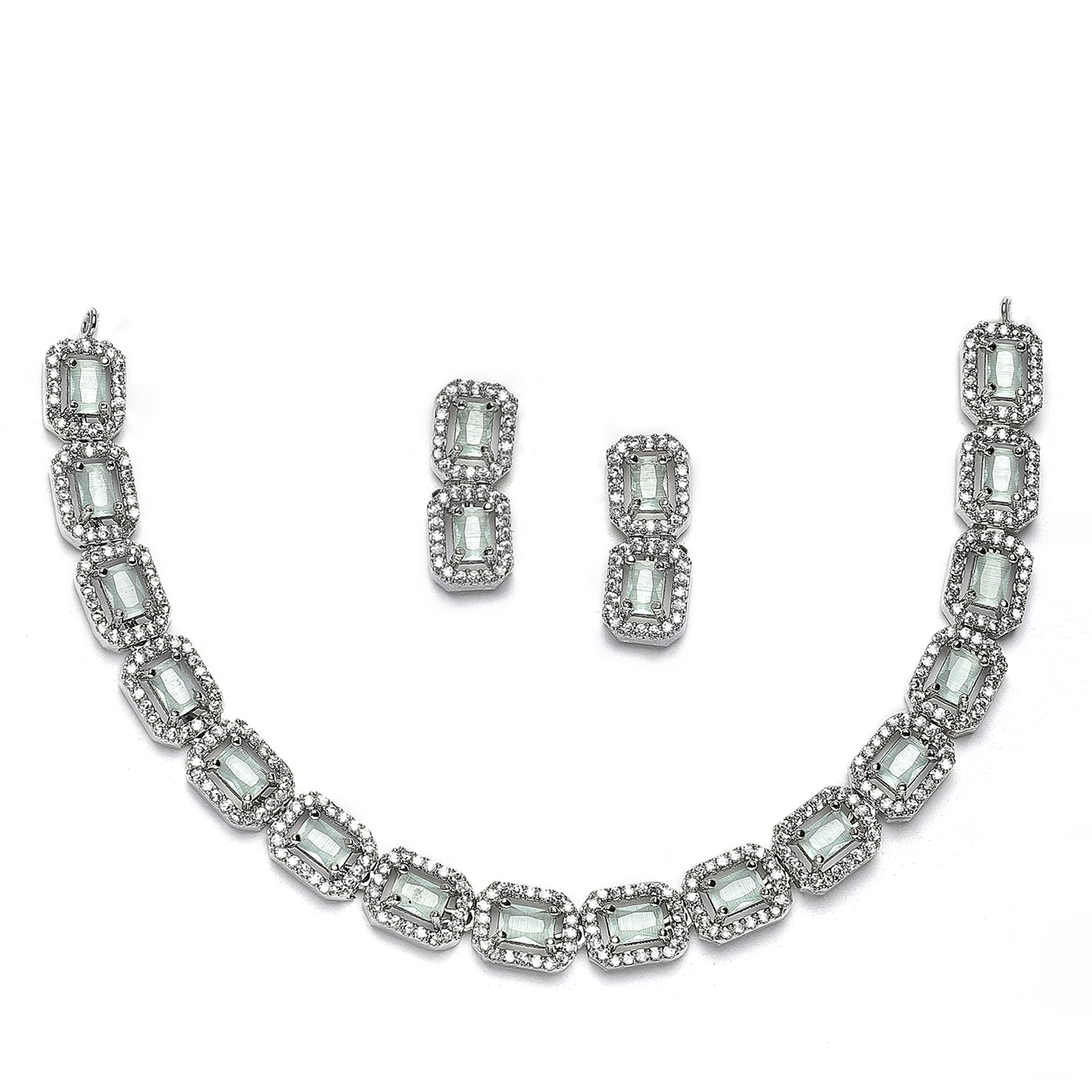 ZENEME Rhodium-Plated American Diamond Studded Quadrate Shaped Necklace With Earrings Jewellery Set For Girls and Women (Sea Green & White) (B0CGRYT6PJ) Amazon Price History, Amazon Price Tracker