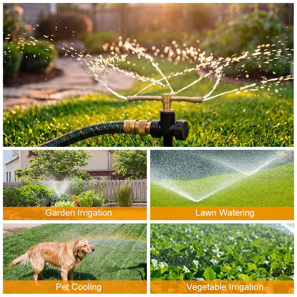 Lot de 2 Arroseurs de Pelouse en Métal, 3 Bras Système d'arrosage Automatique Rotatif à 360° avec Base à Piquet, arroseurs automatiques pour Jardin, arrosage de Grandes Surfaces pour Plantes