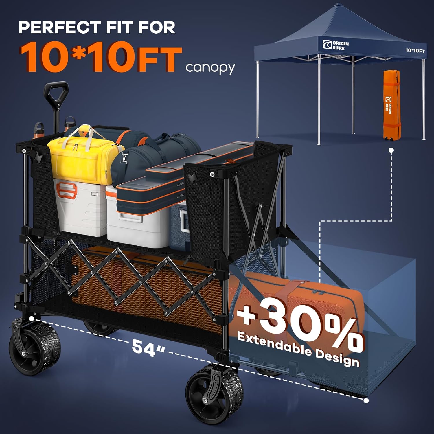 400L Double Decker Wagon Collapsible with 54" L Tailgate, 560lbs Heavy Duty Wagons Carts Foldable, Extra Large Folding Beach Wagon with Big All-Terrain Wheels for Camping, Sports, Groceries, Black