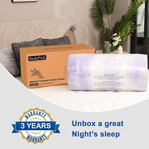 Miniatura 9 de BedsPick Cubrecolchón de espuma viscoelástica Queen de 2 pulgadas, con infusión de gel, cubrecolchón de espuma suave para aliviar la presión