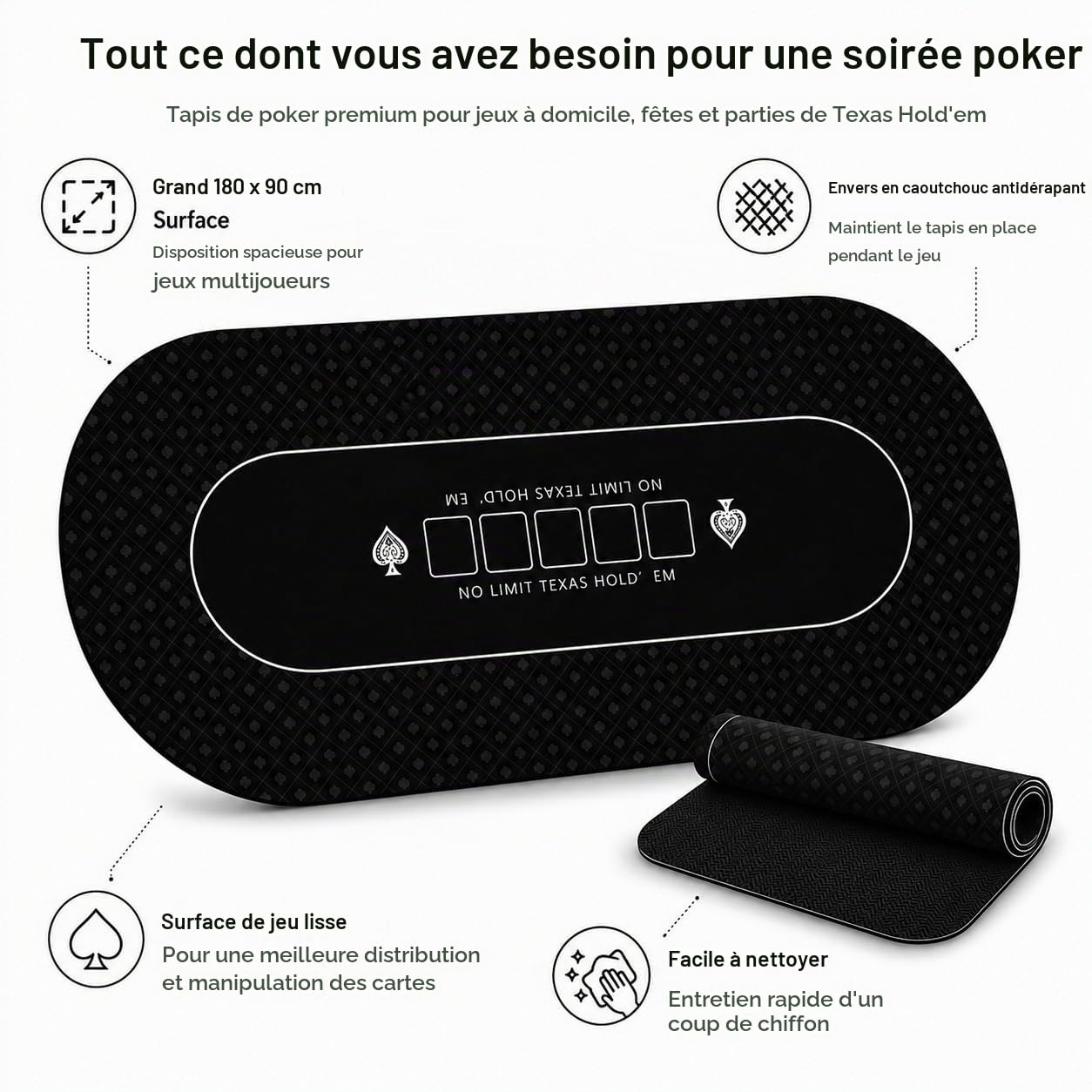 Tapis de poker 180 x 90 cm, 10 joueurs Texas Hold'em en caoutchouc pour tables, table de poker pliable et portable avec sac de transport pour jeux de poker, blackjack