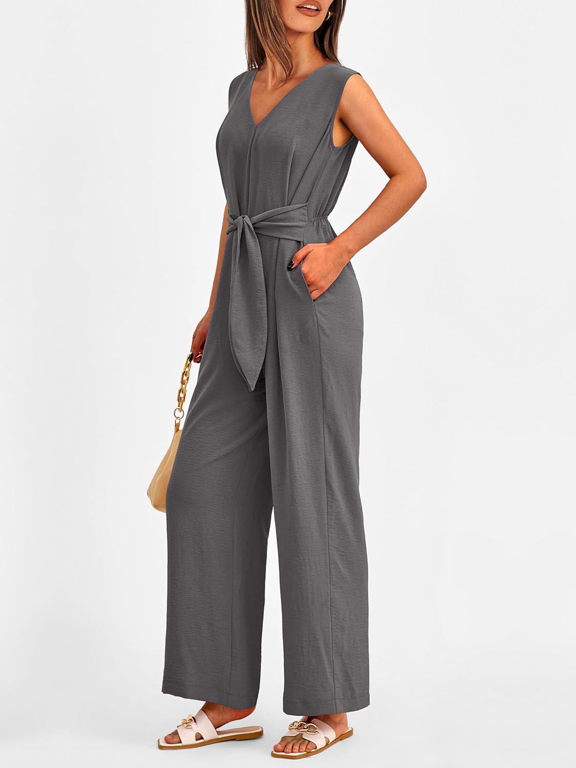 PRETTYGARDEN Summer Outfits 2025 Wide Leg Jumpsuits for Women Casual V Neck Sleeveless Belted High Waist Long Pants Rompers - Image 4