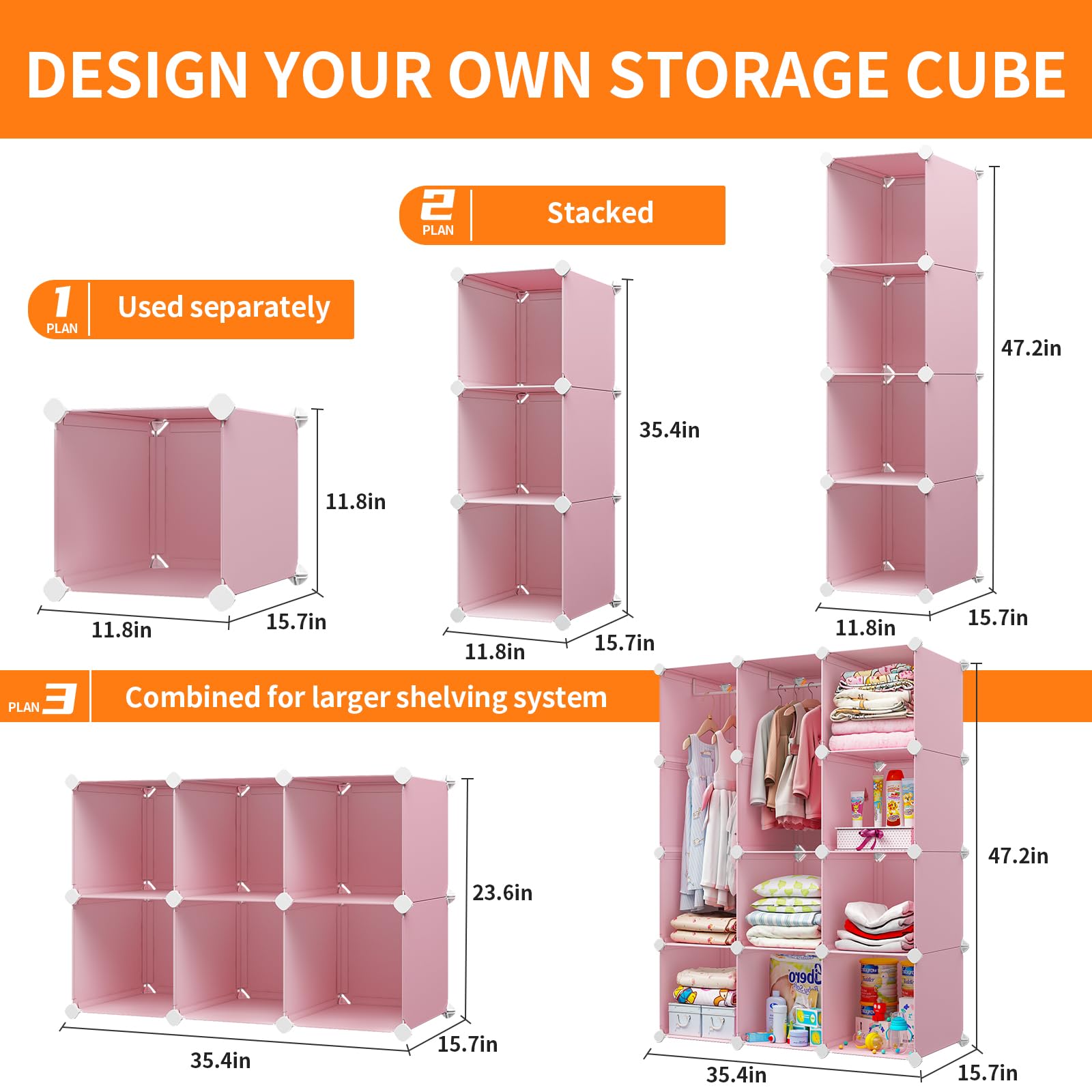 VIPZONE Baby Dresser, Kids Closet Organizers, Portable Kids Wardrobe for Closet, Bedroom, Nursery, Cubby, Cabinet, Clothes, Dress, Baby Storage Shelf, Armoire Clothes Hanging (12 Cube, Pink)
