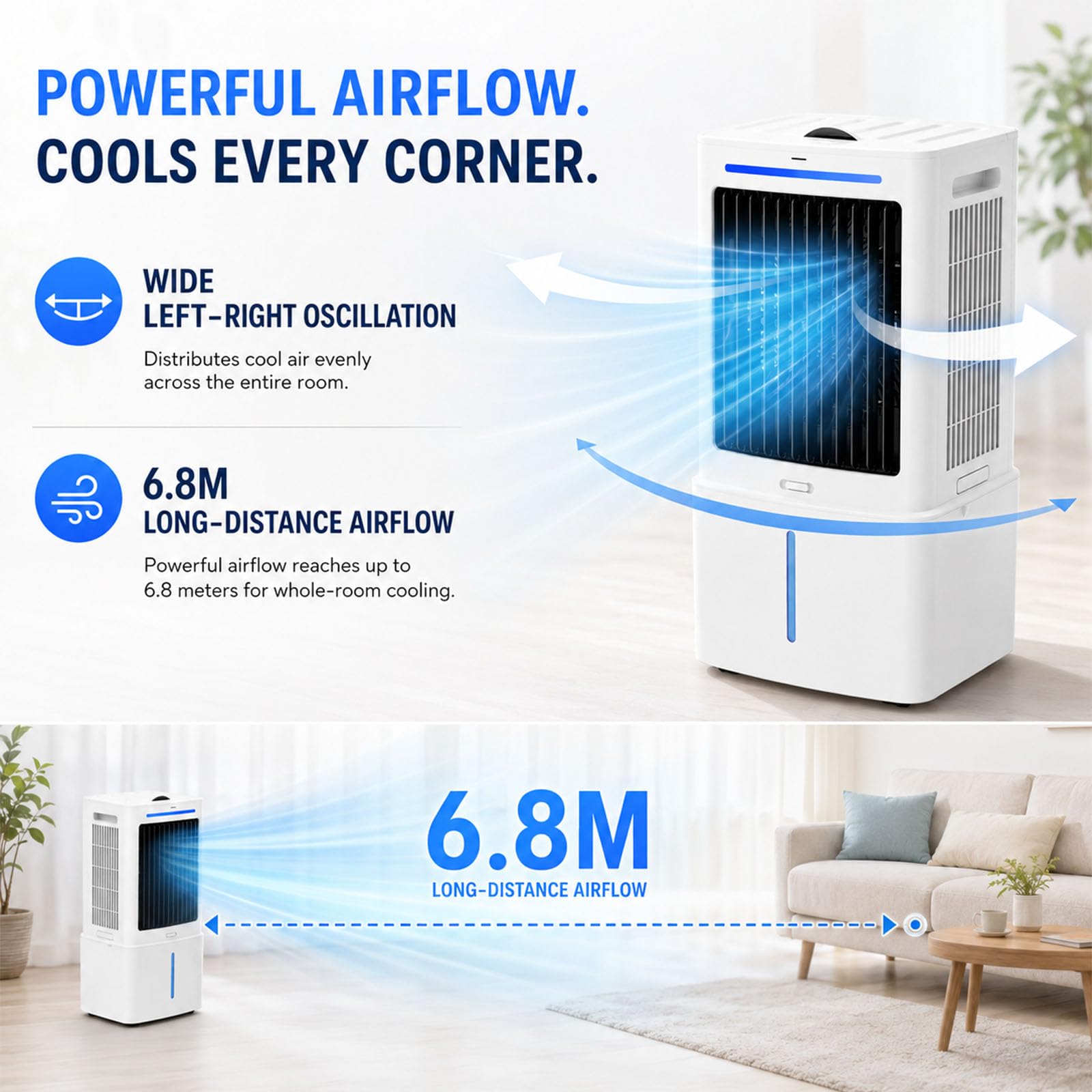 Raffrescatore Evaporativo 25L Lunga Durata, Ventilatore ad Acqua con Telecomando, Climatizzatore Portatile ad Aria Fredda con Timer 12 Ore, per Grandi Stanze, Sale Riunioni, Loft e Saloni
