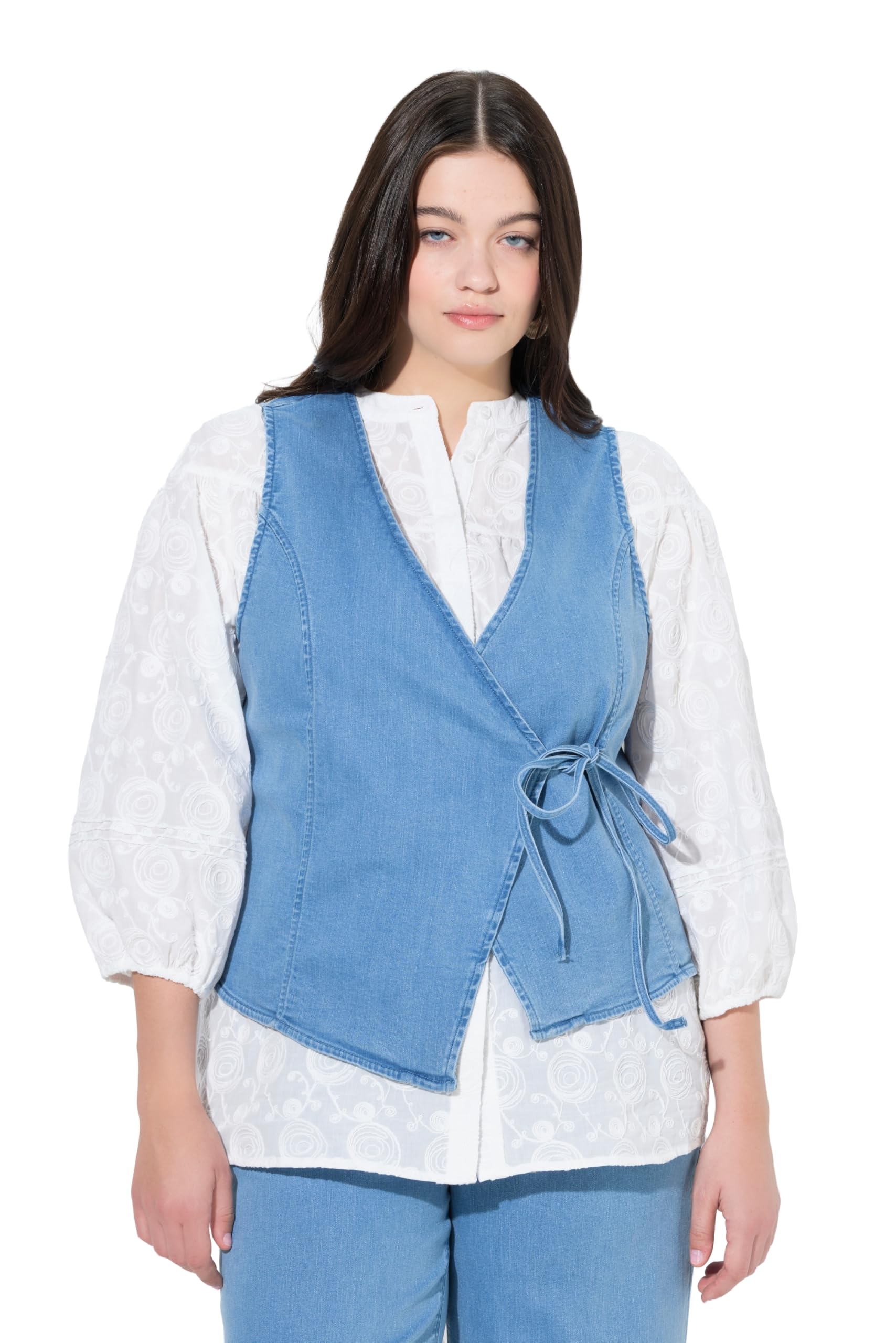 Ulla Popken Damen große Größen Übergrößen Plus Size Jeansweste, Wickeloptik, V-Ausschnitt, Biobaumwolle 846133