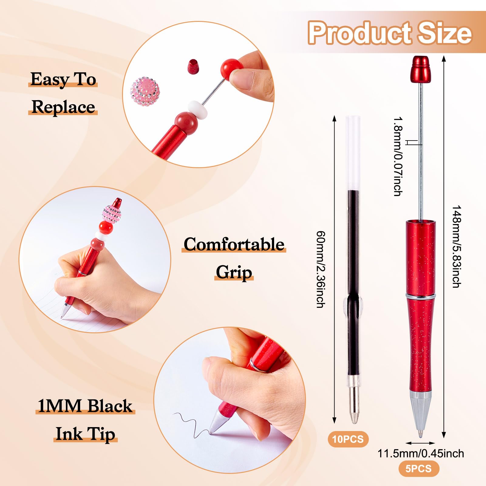 PandaHall 5pcs Beadable Pens with 10pcs 1mm Pen Refills Plastic Beaded Pens Shaft Black Ink Ballpoint Pens for Pen Making School Office Craft Supplies FireBrick - Image 3