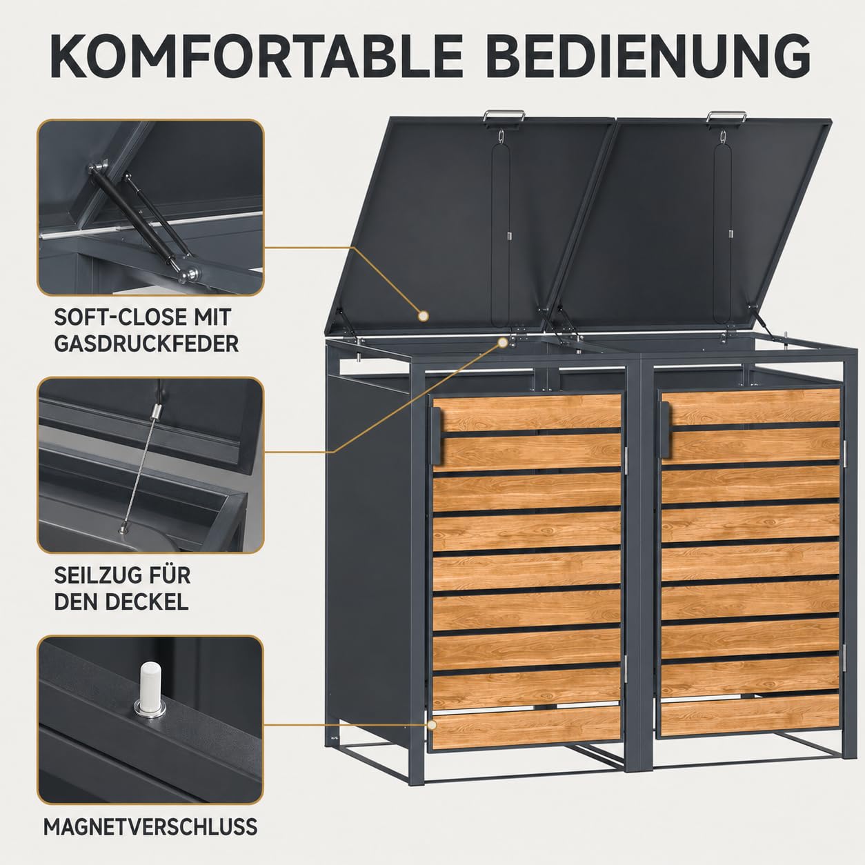 JOMO Mülltonnenbox 2er 120L mit Holzoptik, Mülltonnenhaus aus verzinktem Stahl für 2X 120L Tonne, wetterfeste Mülltonnenverkleidung mit Holzdekor, stabile Müllbox mit Belüftung