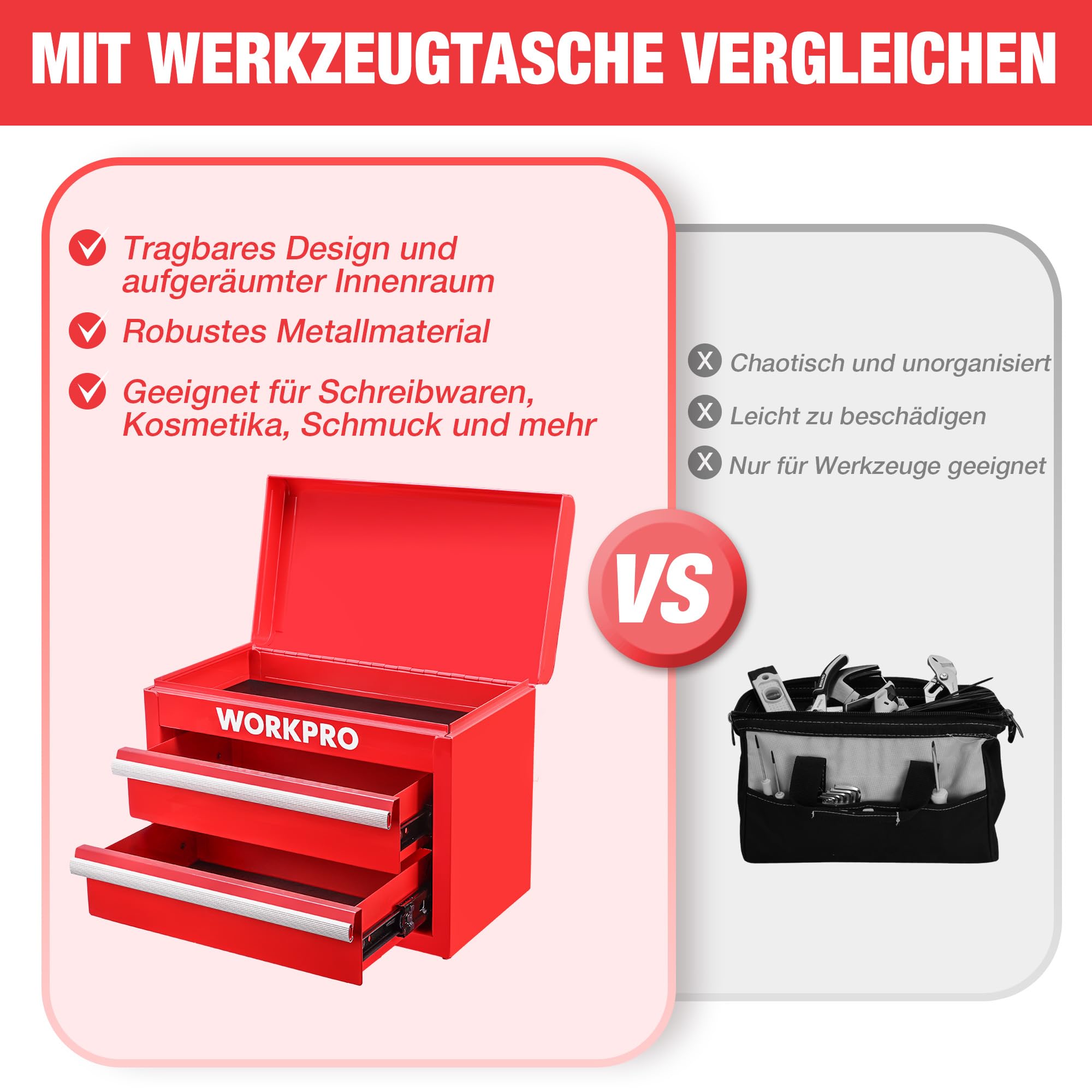 WORKPRO Metall Schubladenbox 2 Schubladen, Rot, Tisch Organizer | Mit oberem Stauraum, ideal für Büro, Schreibtisch und Umkleide, zur übersichtlichen Aufbewahrung von Kleinteilen