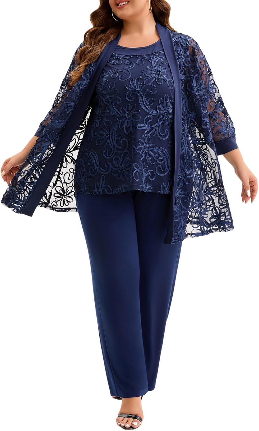 Plus Size 3 Piece Floral Embroidered Pantsuit Set Women Mother of Bride Wedding Guest Formal Evening Cocktail Party Attire - Image 4