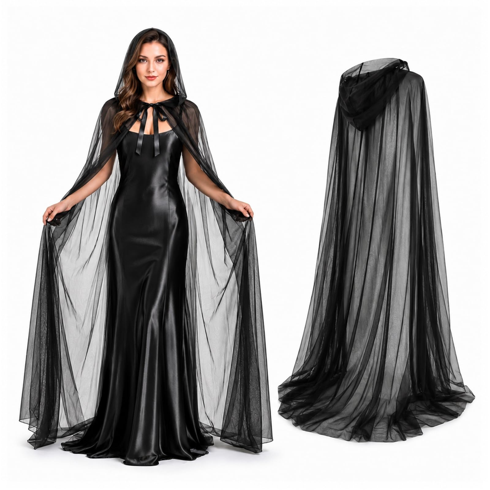 Black Hooded Cloak, Adult Halloween Costume Women Full Length Tulle Cape