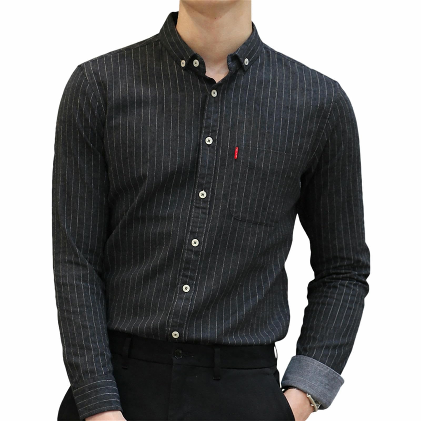 Camicia da uomo foderata in pile, con bottoni, verticale, a righe, business, tempo libero, con tasca, calda camicia invernale