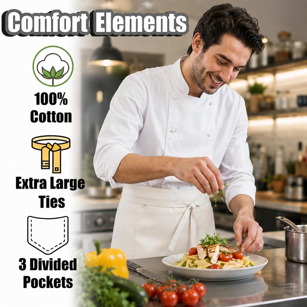 Waist Apron with 3 Pockets Waterdrop Resistant Premium Cotton Waitress Apron 10 Color Option Server Apron Chef Apron (OFF WHITE, PACK OF 12)