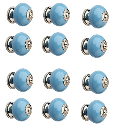 HOBKNOBS Blue Ceramic Knob in Brass Nickel Plated Base and Tip (Pack of 12).