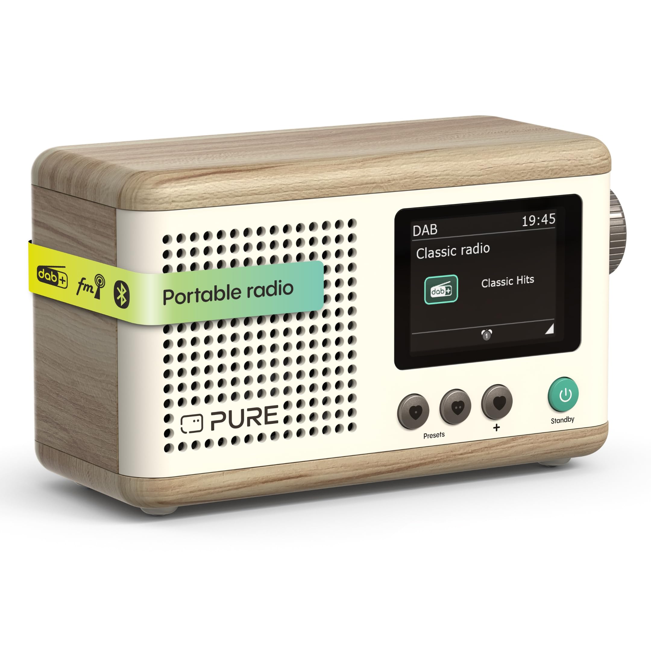 Pure Classic Mini Portable digital radio - DAB+ & FM - Bluetooth 5.3-15 hours battery life - 2 equaliser options - 2.4 inch colour display - Carrying strap - Cotton white/oak - Compact & lightweight