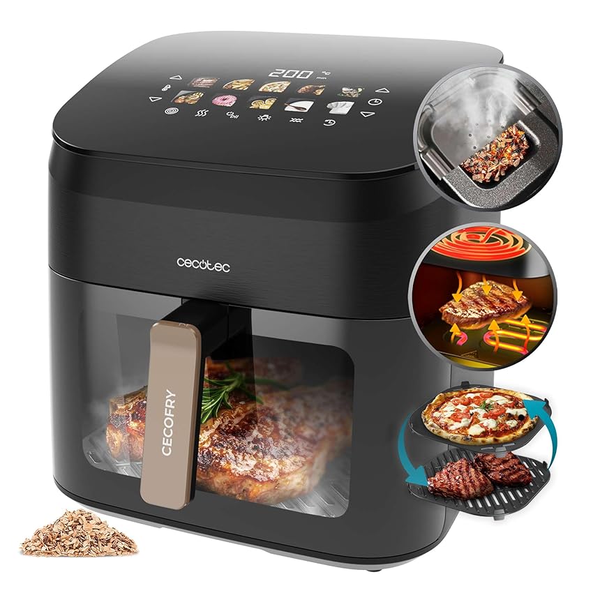 Cecotec Friggitrice ad Aria 8.5 Litri - Air Fryer Cecofry&Grill Smokin' 8500. 2200W, Piastra - Grill, Doppia Resistenza, Affumicatore IntegratoTemperatura Regolabile 40-200°C, 10 Menu