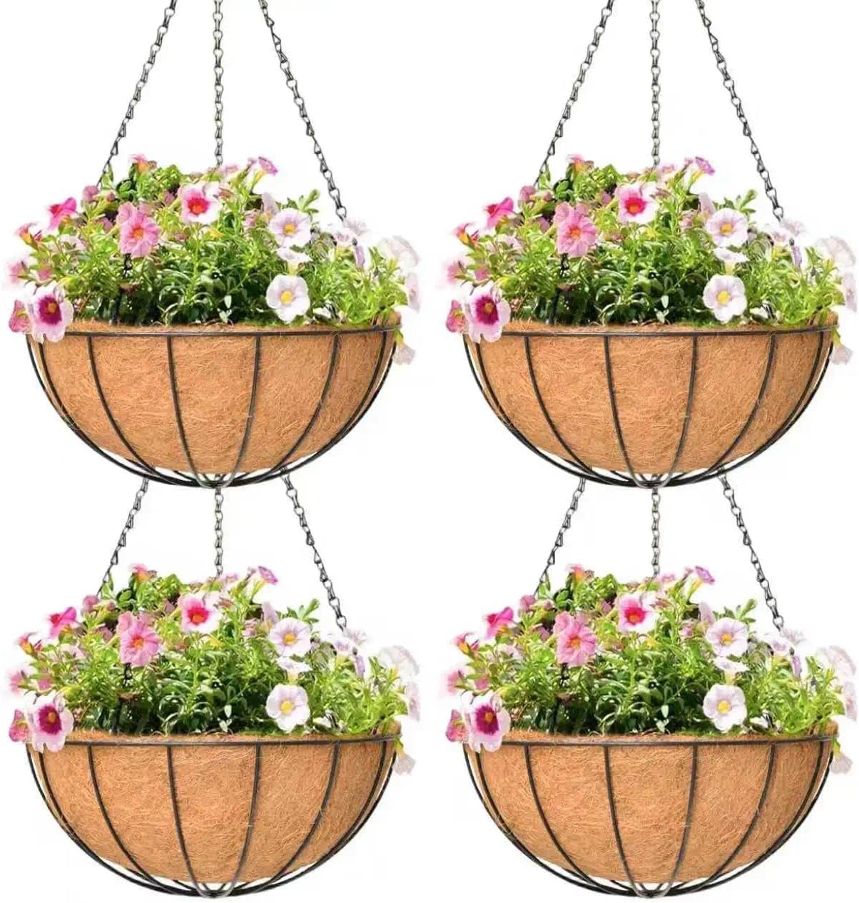4 Pack 8 Inch Hanging Baskets for Plants Outdoor Metal Hanging Planter Hanging Flower Baskets with Coco Fiber Liners Chain Round Wire Plant Holder Hanging Flower Pots(Watermelon)
