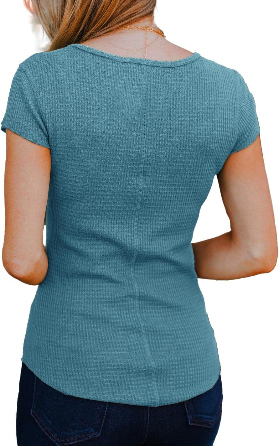 Women's Short Sleeves Snap Button Down Blouses Stretchy Waffle Knit Basic Crew Neck Henley Shirts - Image 4