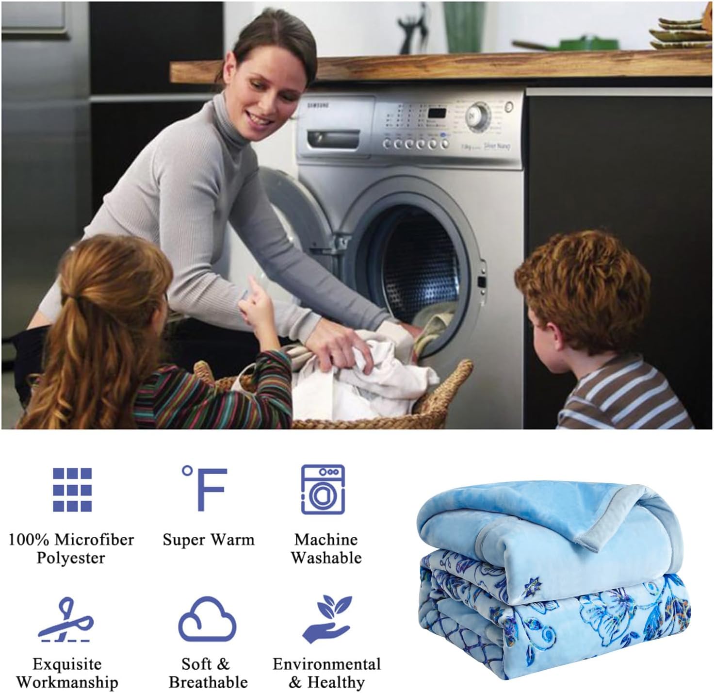 JML Korean Style Mink Blanket Heavy King Size 87" x 94", 10.5 Pounds Plush Fleece Blankets for Winter- Silky Soft and Warm, 2 Ply A&B Printed Embossed Raschel Bed Blanket (Flowers Branches Blue) - Image 8