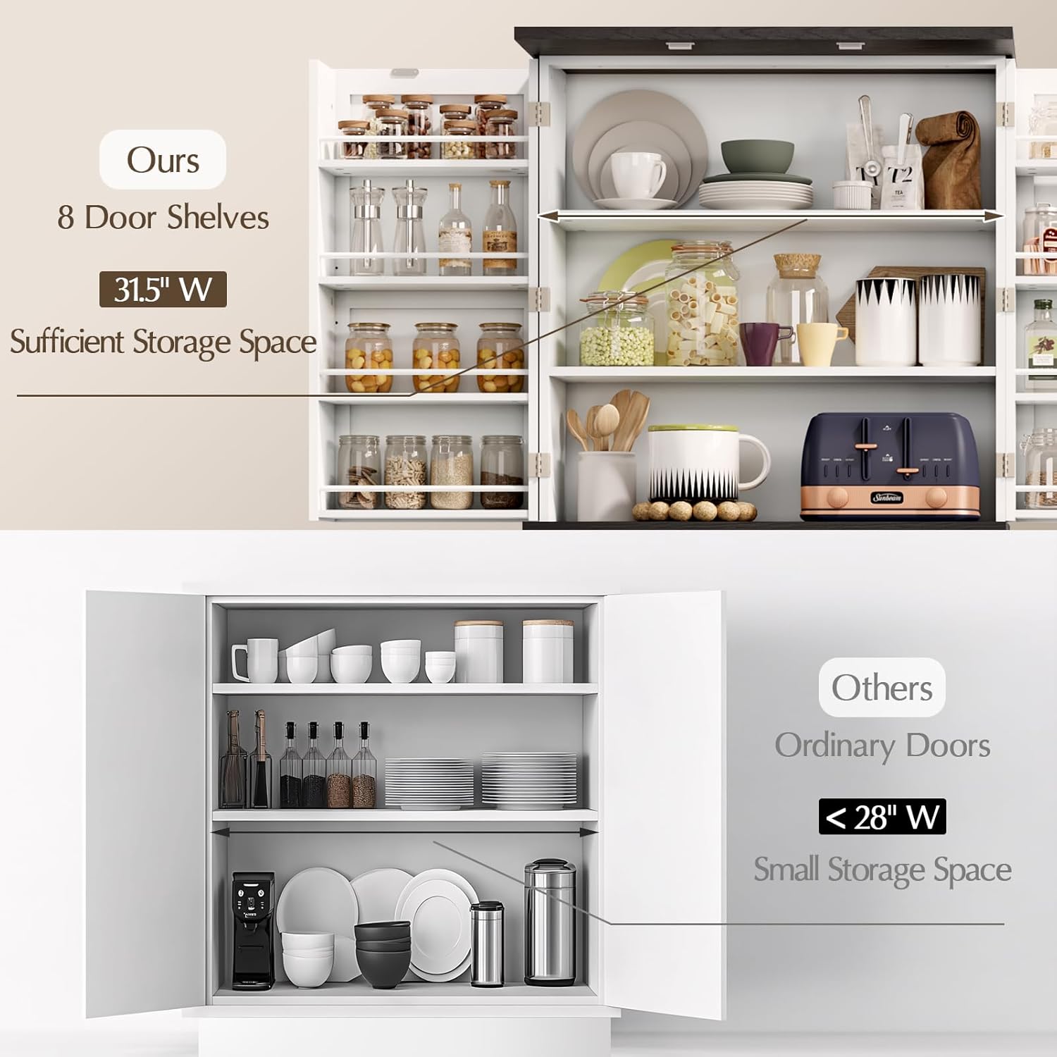 72" Tall Storage Cabinet, White Farmhouse Pantry Cabinet, 31.5" Wide Freestanding Storage Cabinet with 4 Adjustable Shelves, Hidden Drawer & Rustic Wood Finish for Kitchen, Dining Room, or Entryway