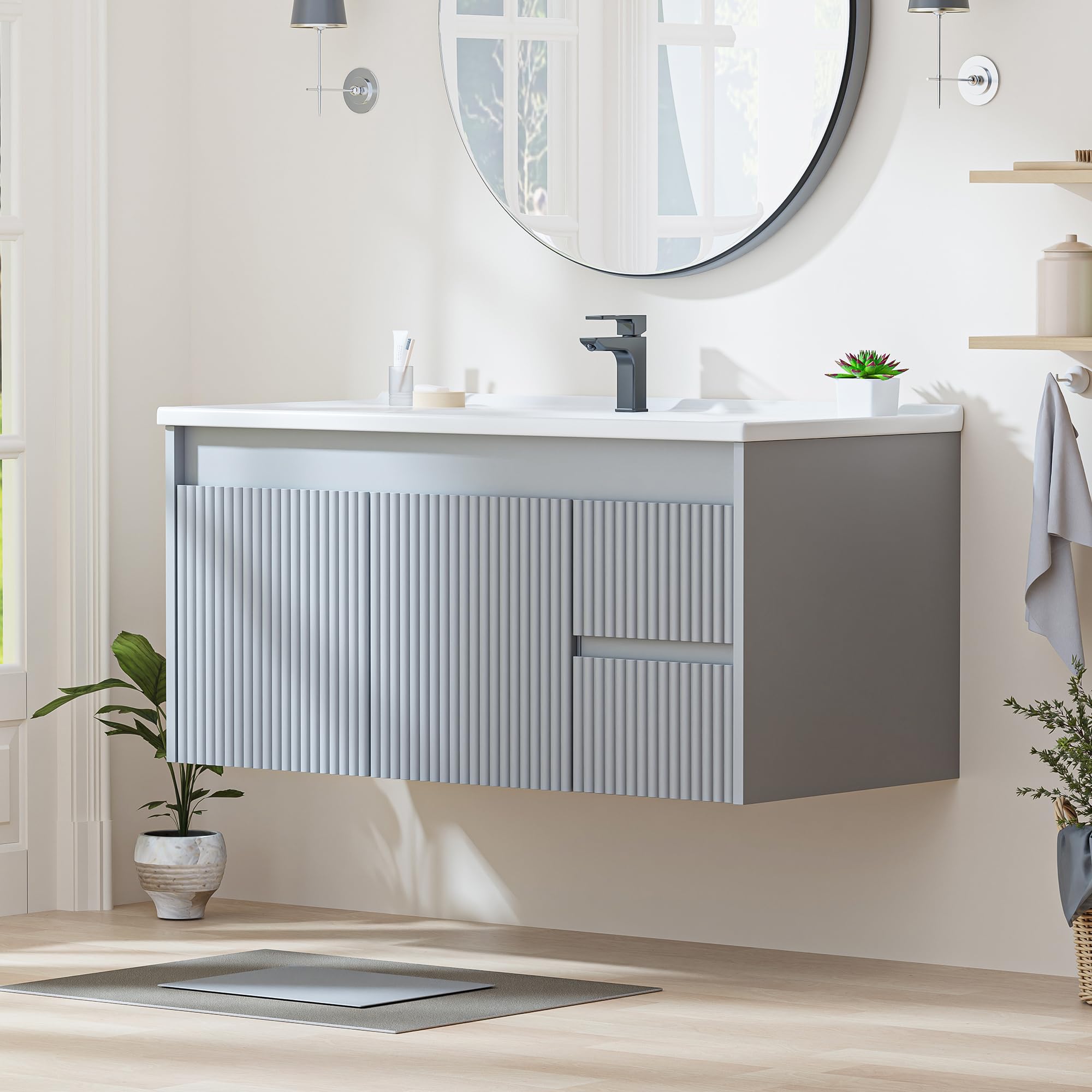 Smhxo Floating Bathroom Vanity with Sink, 40 Inch Wall Mounted with 2 Drawers and Wave-Carved Door