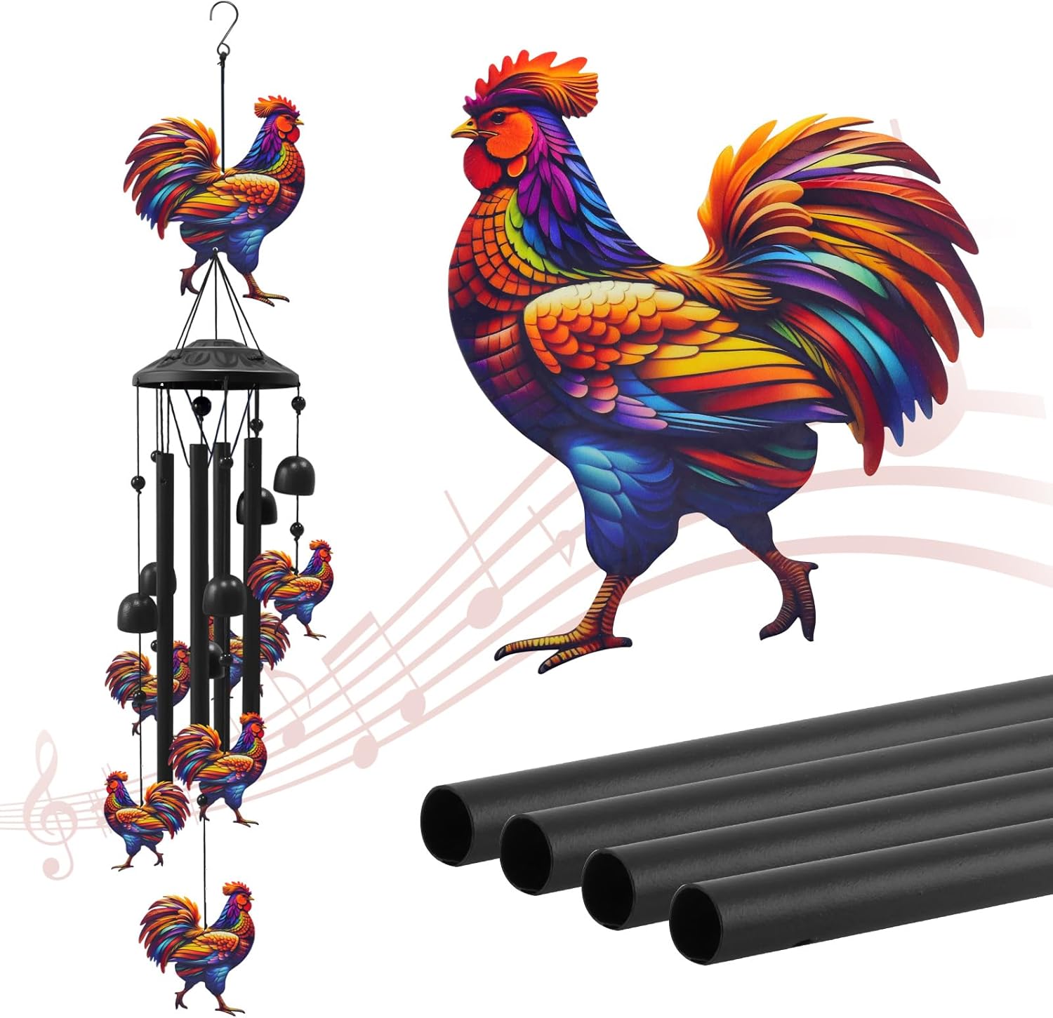 Chicken Wind Chimes for Outside, Black Metal Windchimes Outdoors, Chickens Gifts for Women/Men, Garden/Yard Decor, Memorial/Birthday Gifts for Grandma/Mom, Durable Chimes for Outdoors