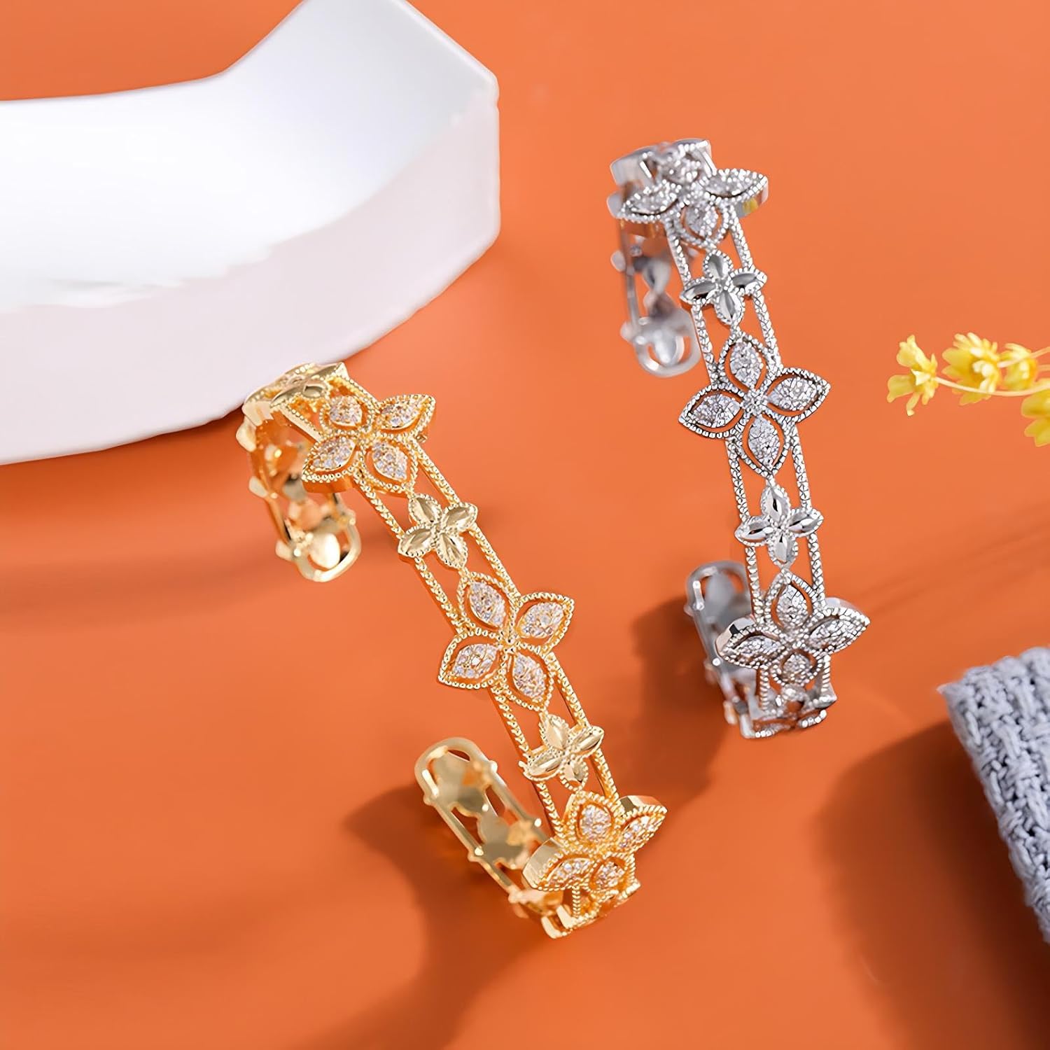 Gold Plated Flower Bangle Bracelet for Women with Cubic Zirconia, Dainty Floral Design Jewelry Gift for Wedding, Anniversary, or Party - Image 4