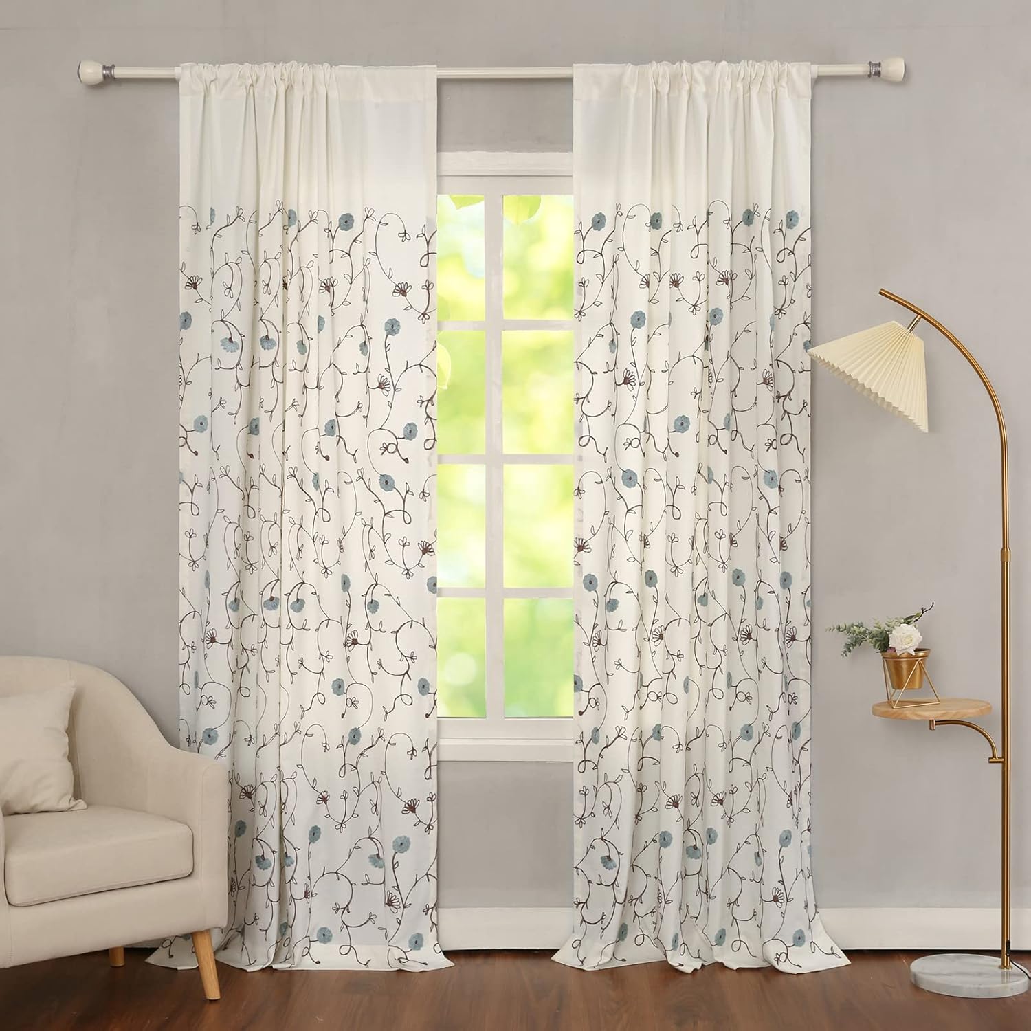 VOGOL Blue in White Curtains for Living Room, Rod Pocket Light Filtering Drapes for Bedroom, Embroidered Floral Back Tab Fabric Window Treatment, 52 x 96 Inches, 2 Panels