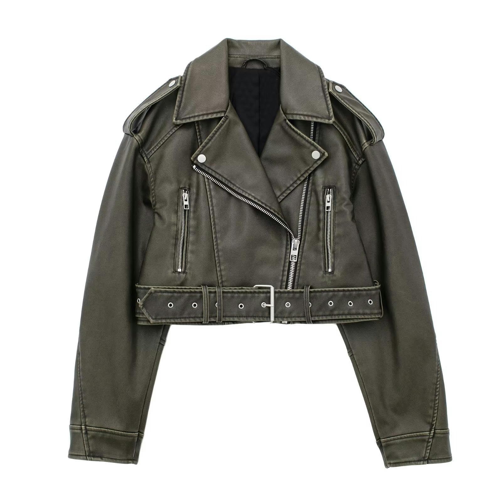 WEITING Lockere Jacke für Damen, Herbst, Hot Girl, Revers, Kunstlederjacke, Olivgrün, L