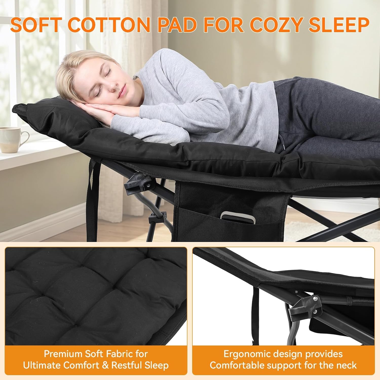 Extra Wide Folding Camping Cot for Adults with Thick Mattress, Heavy Duty Portable Sleeping Cot Bed with Carry Bag, 330LBS Capacity for Camping, Travel, Home Office Nap Black 80 cm