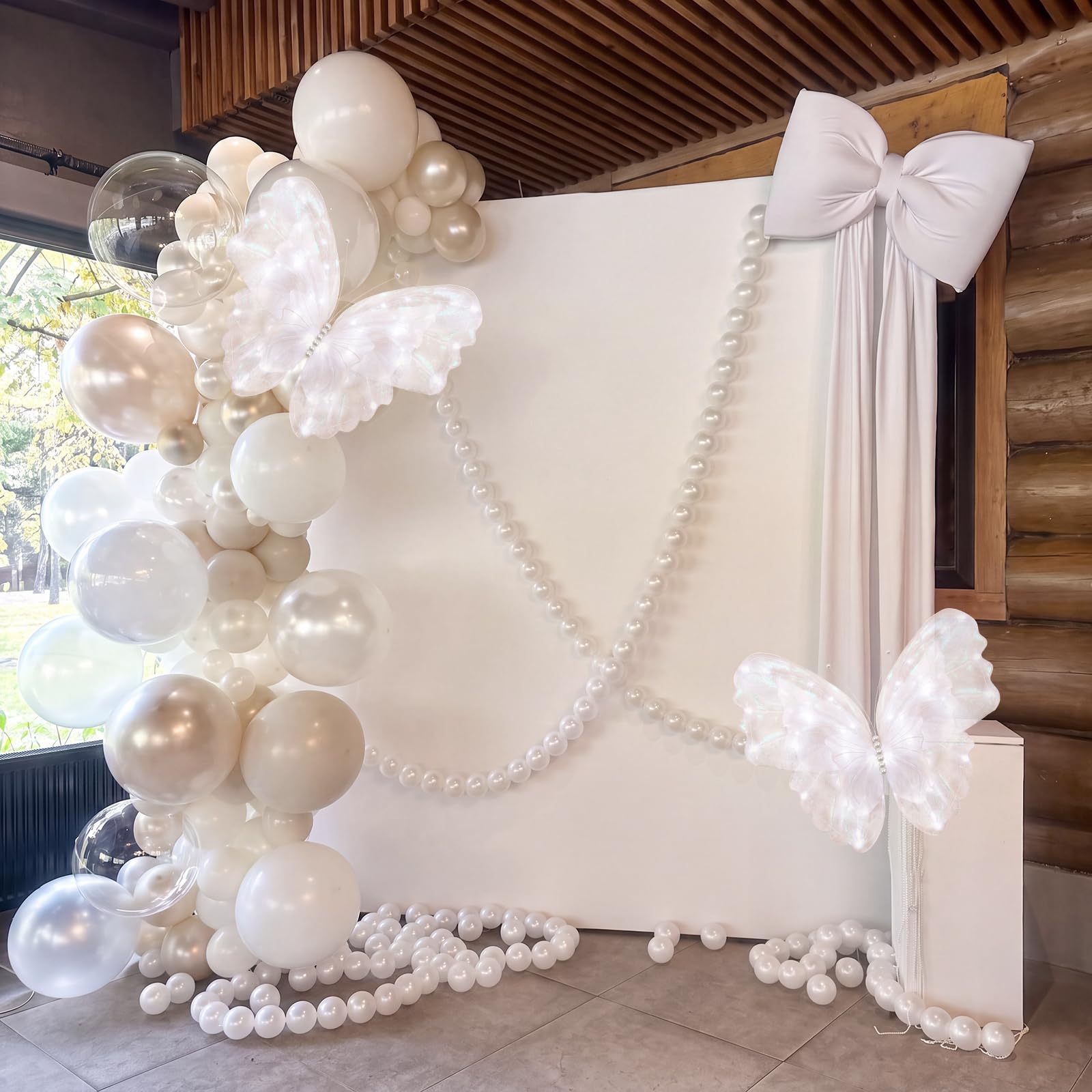 Pinkunn 4 juegos de decoración de fiesta de boda que incluyen decoración LED de mariposa gigante de 20 pulgadas, guirnalda de perlas de 12 pies, telón de fondo para arco de boda, despedida de soltera
