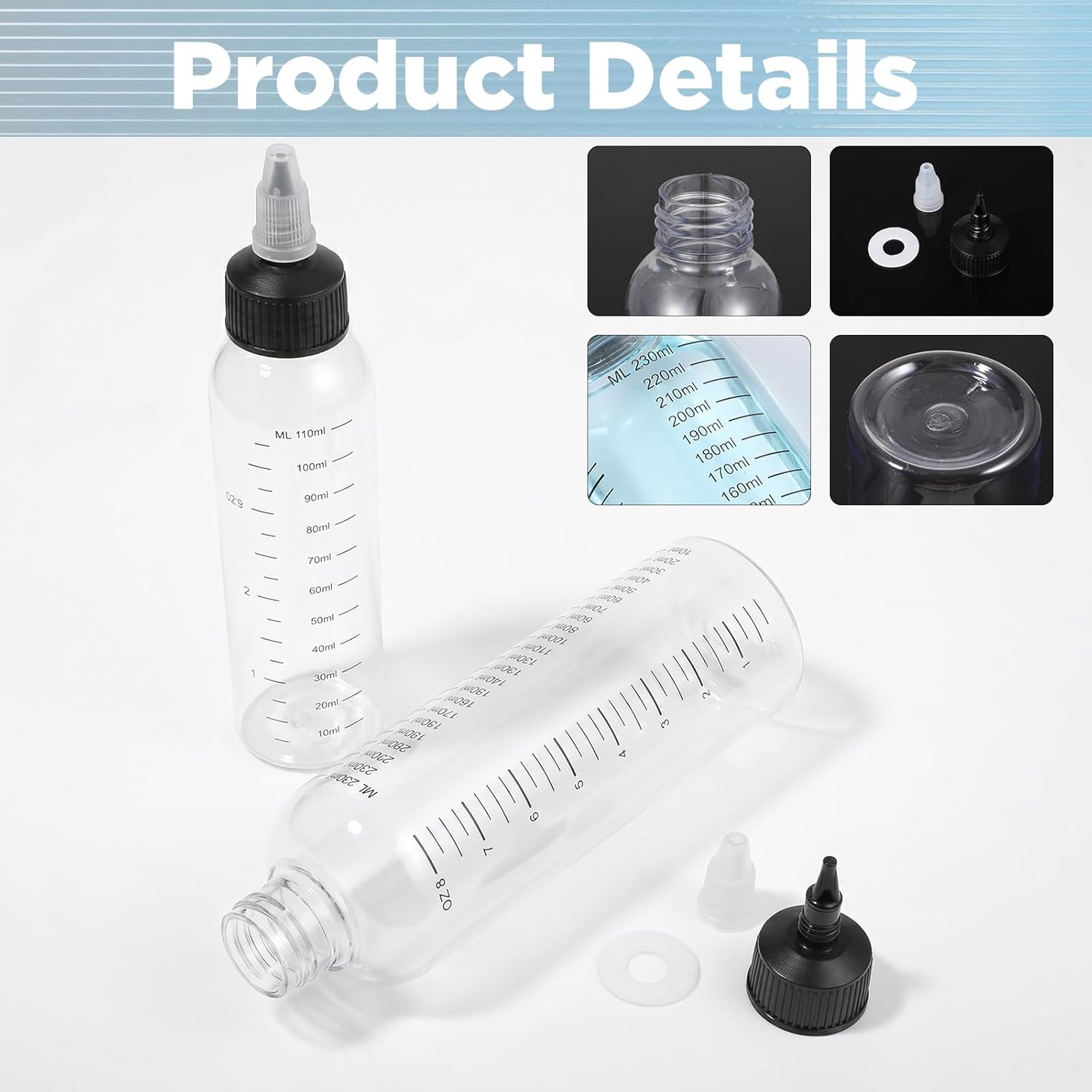 2Pcs Applicator Bottle for Hair, Hair Oil Applicator With Graduated Scale Root Dye Bottle Empty Plastic Squeeze Bottles Twist-On Top Tip Cap for Salon Stylist Beauty Home