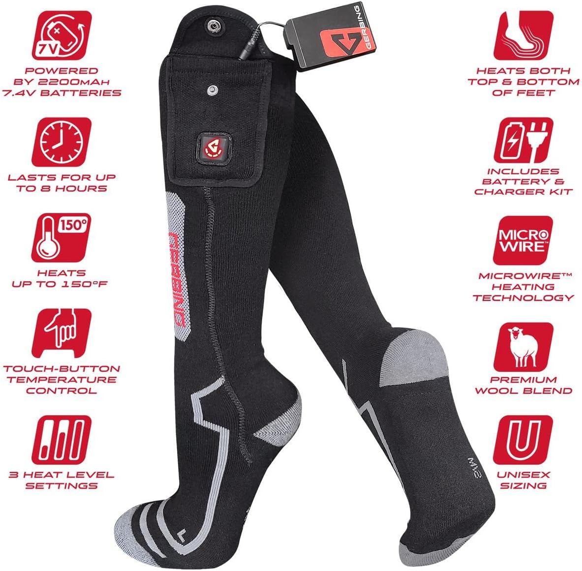 Gerbing 7V Ultimate Wool Heated Socks, Unisex Battery Heated Socks, Touch Control, Outdoor, Skiing, Hiking, Hunting
