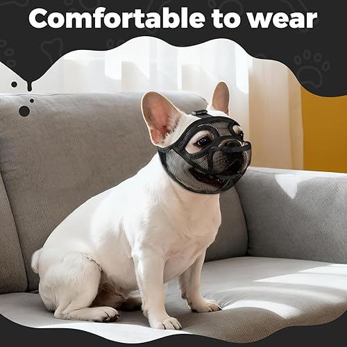 Miniatura 5 de Bozal de bulldog francés, bozal corto de malla suave con apertura de la boca y agujeros agrandados para los ojos, permite jadear, beber y alimentar,