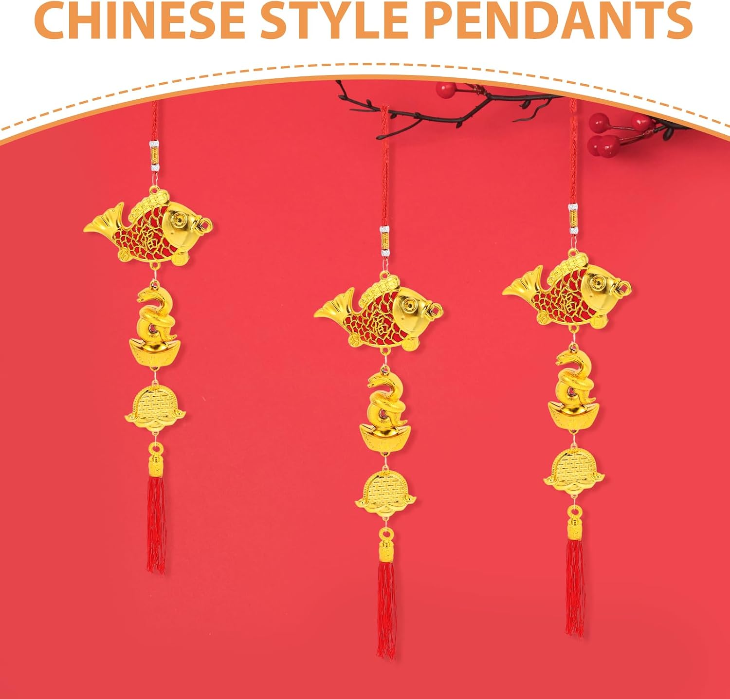 6pcs Chinese New Year Decorations 2025 Year of The Snake Fish Lunar New Year Tree Ornaments Chinese Zodiac Pendant Wealth Good Luck Charms Car Hanging Tassel Spring Festival Bonsai Decor