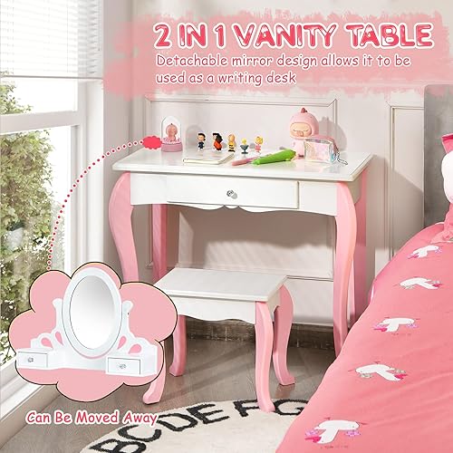 Miniatura 2 de Costzon Juego de tocador para niños con espejo, tocador de maquillaje de princesa 2 en 1 con parte superior desmontable, tocador para niños pequeños