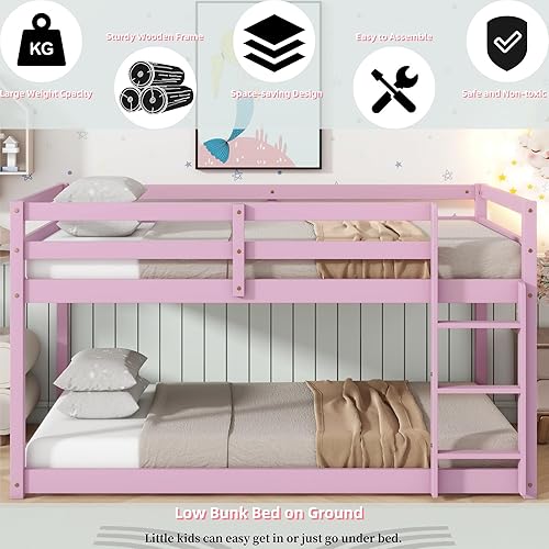 Miniatura 148 de Litera baja individual sobre individual, base de cama de madera maciza con escalera y barandillas de seguridad, literas individuales para niños y