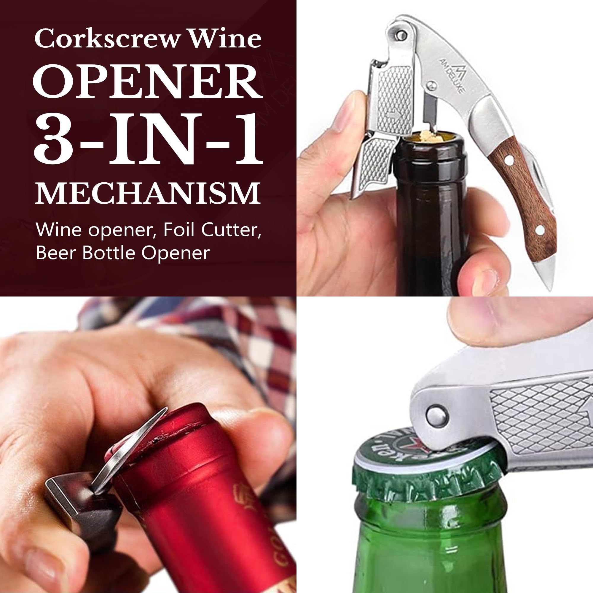 Sacacorchos para camareros, llave de vino para servidores bartenders sommeliers. Abrebotellas de vino con tornillo de corcho. Acero inoxidable e incrustaciones de palisandro clásico 7