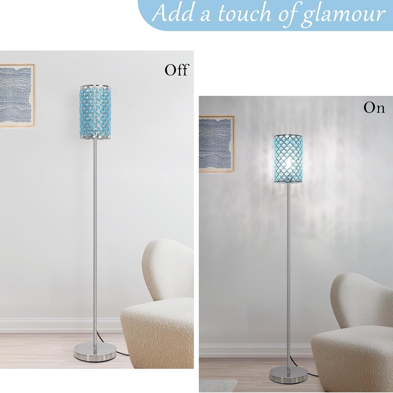 Floor Lamp for Living Room, Crystal Floor Lamp Girl Bedroom Lights, Silver Standing Lamps with Teal Shade, Elegant Standing Light Tall Pole Lamp for Bedroom, Dresser, Office (E26 Base)