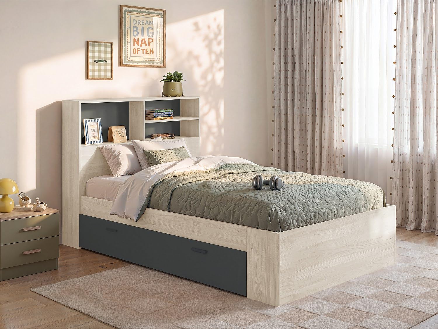 Vente-unique - Lit 120 x 190 cm avec rangements - Coloris : Naturel et Anthracite + Sommier - VARDIEL