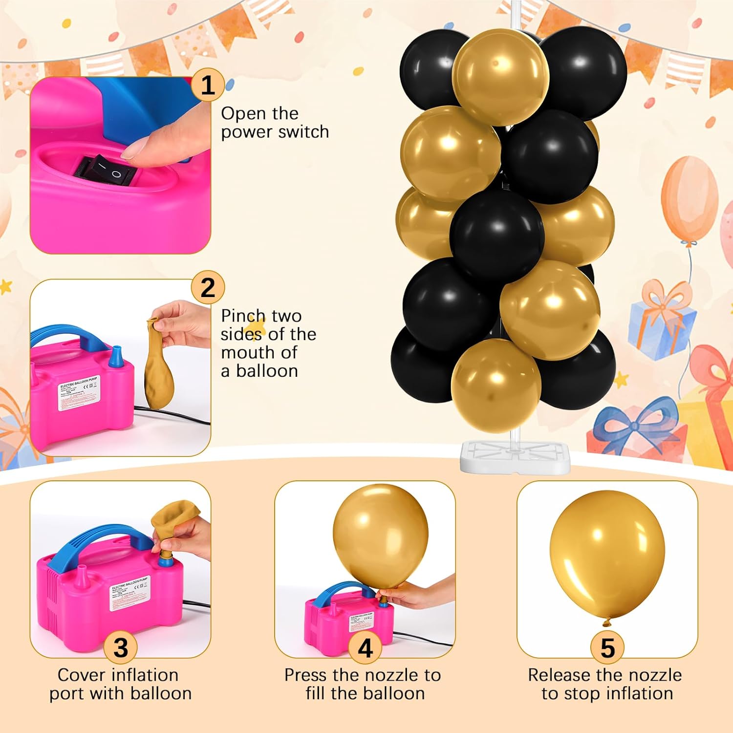 Blueweenly 2 Sets Balloon Column Stand Kit and Electric Balloon Pump Adjustable 7.2 ft Balloon Stand for Floor 100 Pcs Balloons for Graduation Baby Shower Birthday Wedding Party Decor Black and Gold